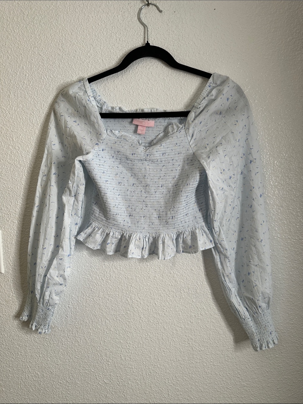 Love shakes fancy Light Blue Floral cottonSmocked Peplum Long-Sleeve Top size 14